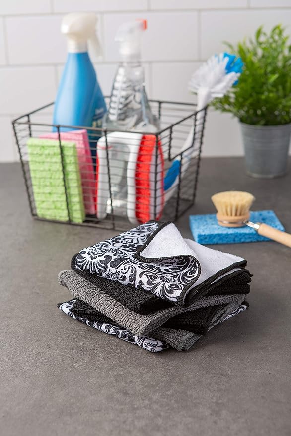 DII Cleaning Collection Multi-Purpose Microfiber, Black Damask, Dishcloth Set