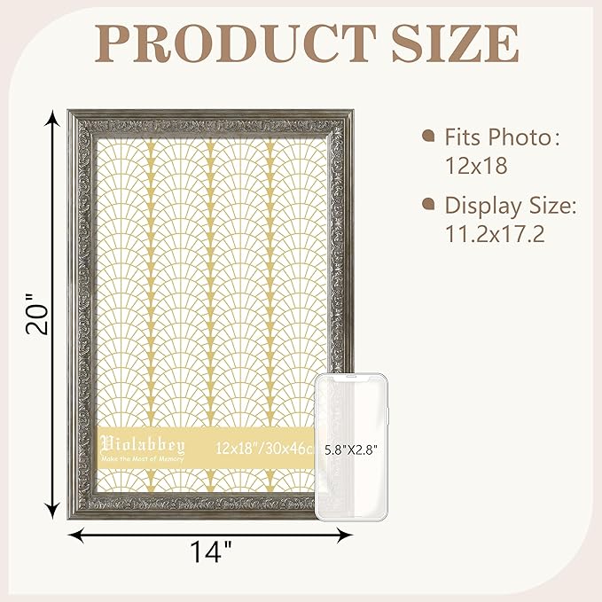 VIOLABBEY 12x18 Picture Frame Sliver, Vintage Photo Frames Ornate without Mat for Wall Hanging