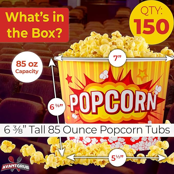 Greaseproof, Retro 85oz Popcorn Buckets 150 Pack. Durable Pop Corn Tubs in Red Yellow. Large Disposable Containers Perfect For Movie Night, Theme Party, Theater, Carnivals & Fundraisers