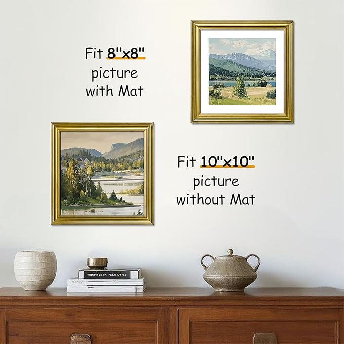 VIOLABBEY 10x10 Picture Frame Gold, Vintage Photo Frames Square, Fits Pictures 8x8 with Mat or 10 x 10 without Mat, Display for Tabletop and Wall