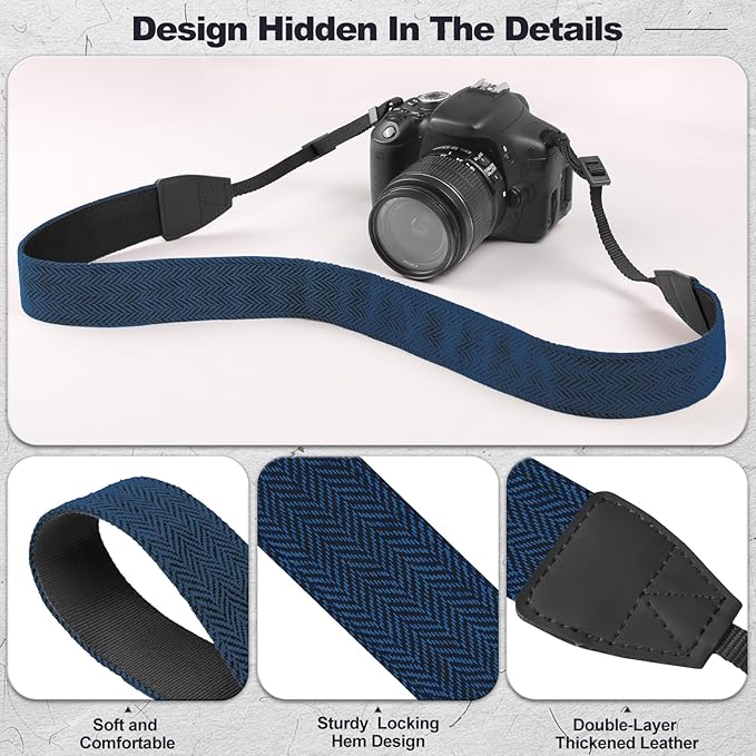 Universal Camera Strap - Camera Neck Strap, Adjustable Shoulder Straps Compatible with Canon, Fujifilm, Nikon, Olympus, Panasonic and other SLR and mirrorless cameras - Blue and Black Stripes