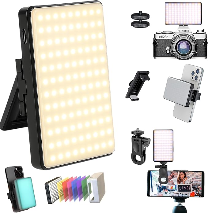 Clip-on Selfie Phone Light Video Recording – 120 Rechargeable CCT LEDs with 6 Color Filters, Light Diffuser, Clip Mount, Hot Shoe - for Phone, DSLR, Laptop, Zoom and Streaming