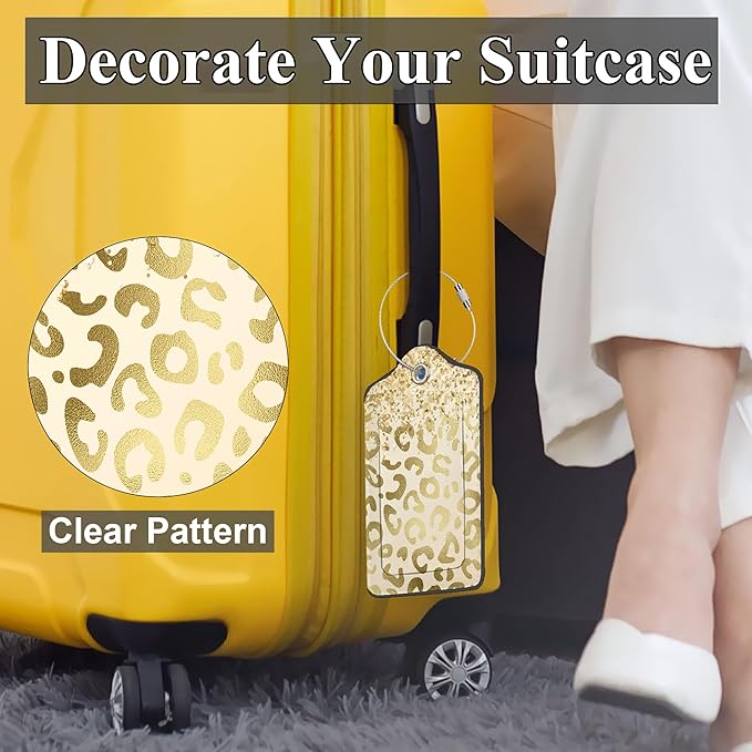 Golden Leopard Print 2 Pack PU Leather Luggage Tags with Stainless Steel Loop, Funny Travel Labels with Privacy Cover ID Label for Quick Spotting
