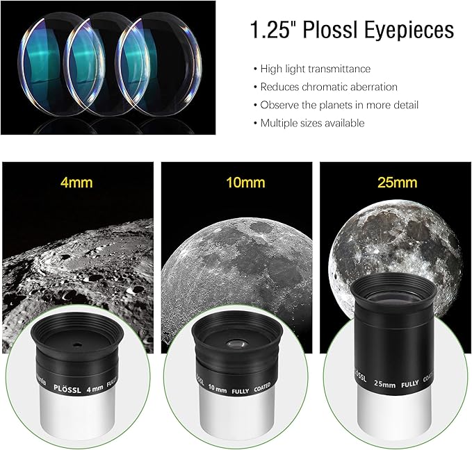 Astromania Telescope Accessory Kit Eyepiece Set with Three Plossl Eyepieces Including 4mm 10mm 25mm and Barlow Lens 2X, FMC Telescope Lense for 1.25 inch Astronomical Telescopes & Astronomy Filters