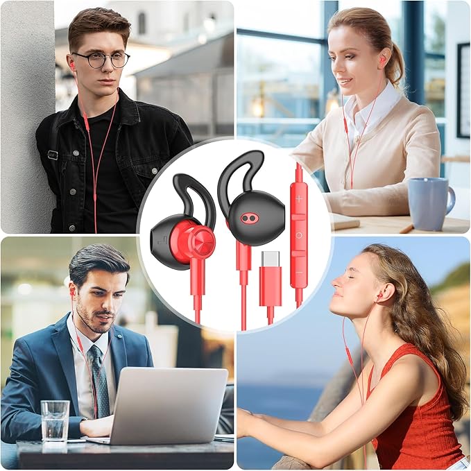 USB C Headphones for iPhone 17 Air 16 Pro Max 15, Type C Earphones with Microphone Magnet HiFi Stereo Wired Earbuds for Samsung Galaxy S26 S25 Ultra S24+ 23 A53 S21 S20 FE Flip 7 6 Fold/Pixel 10, Red