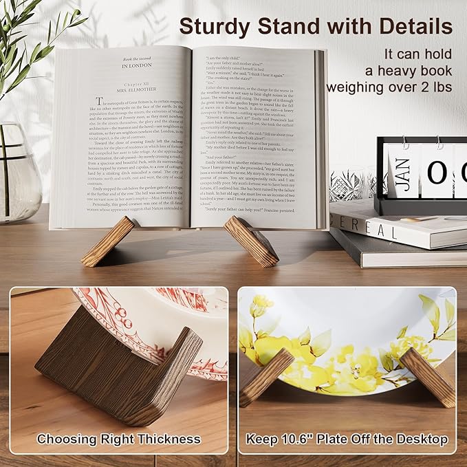 Wooden Plate Stands for Display, Wood Plate Holders for Displaying, Decorative Picture Frame Stand, Easel for Sign, Cookbook, Now Playing Vinyl Record, Recipe Book Holder for Photo, Plaque, Platter