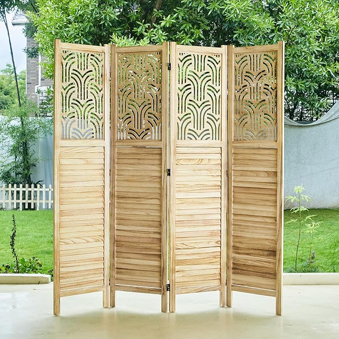 Folding Room Divider, 66.9 Inch 4 Panels Wood Carved Privacy Screens, Free Assembled Freestanding Portable Separation Wall for Home Office Bedroom (Natural)