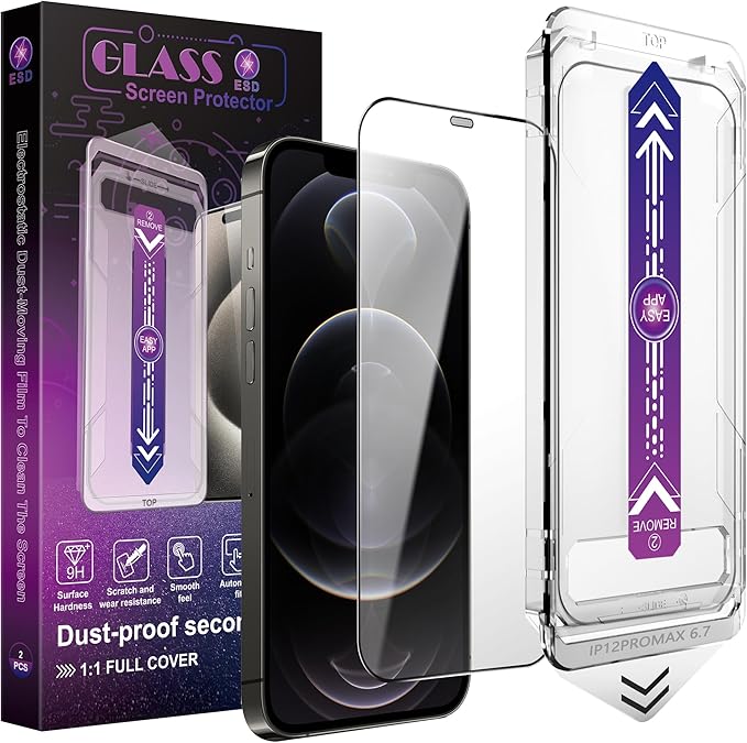CHRYSHA 2 Pack Screen Protector for iPhone 12 Pro Max, 9H Tempered Glass, Full Coverage, Anti-Fingerprint, Auto Dust-Elimination, No Bubble, Easy Installation