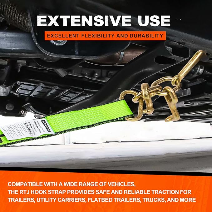 2" x 12' RTJ Cluster Hook Ratchet Straps with 8 Point Chain, 4 Pack - Heavy Duty Tow Strap for Trucks, Trailers, and Car Haulers - Wheel Tie Down Straps for Tow Trucks & Auto Transport