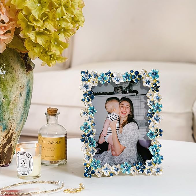 Blue Flower Picture Frame 5x7 Blossom Photo Frame for Tabletop Display, Decorative Flower Design Home Decor