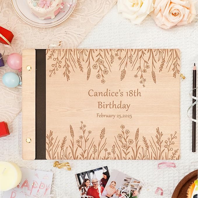 Personalized Birthday Photo Album - Wooden Birthday Guest Book，Memory Book Scrapbook for Kids Adults, Vintage Book Keepsake for Party, Unique Gift