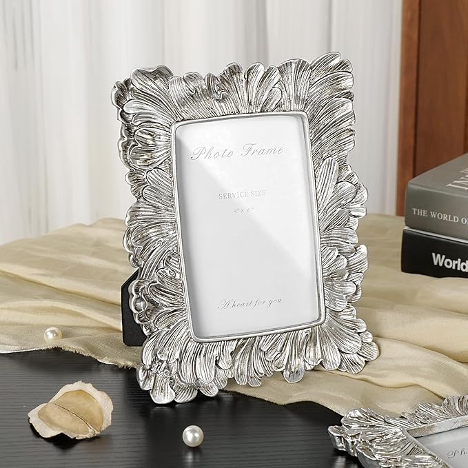 Cuspin 4x6 Picture Frame Silver, Vintage Ornate Palm Leaves Textured Hand-Crafted Resin Frames with Glass Front, Elegant Wedding Frame for Wall Hanging and Tabletop Display Home Decor