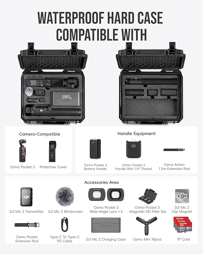 Travel Waterproof Hard Case for DJI Osmo Pocket 3 Accessories, Creator Combo/ Power Expansion Combo/ Vlog Combo, Compatible with Mic 2 Charging Case, Action 1.5m/ Pocket Extension Rod (Case&Foam Only)