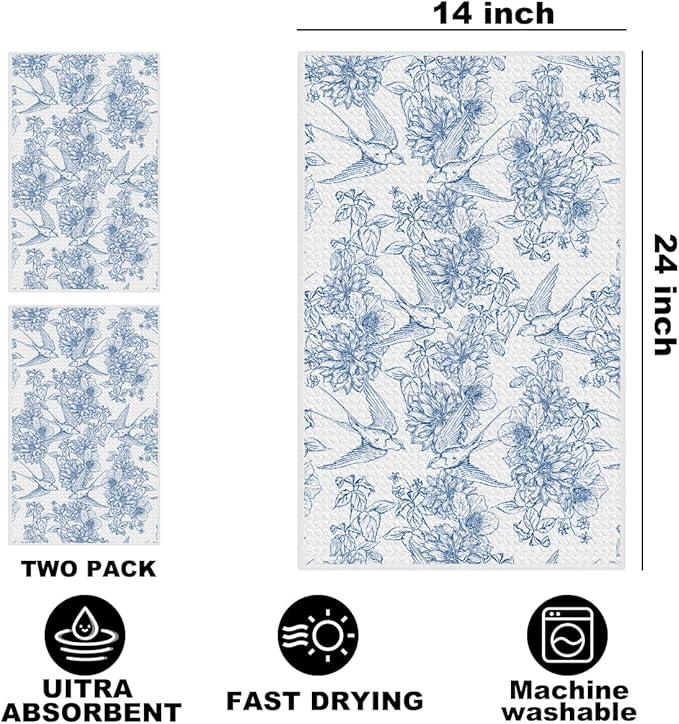 2 Pcs Chinoiserie Floral Bird Kitchen Towels 24x14 Inch, Blue White Flowers Bird Dish Towels for Kitchen Farmhouse Decor, Durable Absorbent Microfiber Tea Towel Dish Cloth, Home Gifts for Women Mom