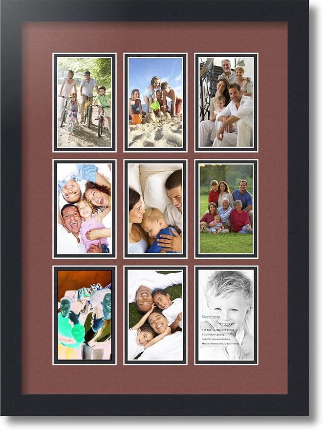 ArtToFrames Collage Photo Frame Double Mat with 9-3x5 Openings with Satin Black Frame and Brique mat.