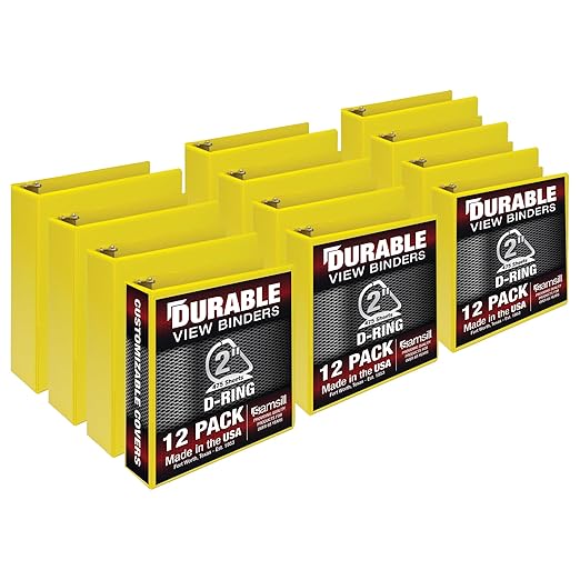 Samsill Durable 2 inch 3 Ring Binder, Made in USA, D Ring Binder, FSC 100% Recycled Chipboard, Yellow, 12 Pack
