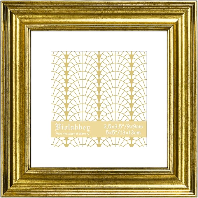 VIOLABBEY 5x5 Picture Frame Gold, Vintage Photo Frames Square, Fits Pictures 3.5x3.5 with Mat or 5 x 5 without Mat, Display for Tabletop and Wall
