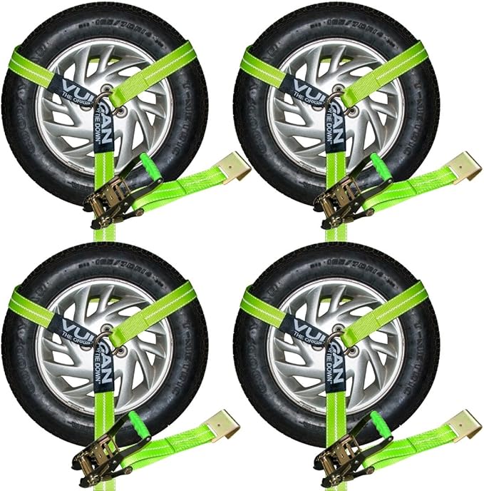 VULCAN Car Tie Down with Flat Hooks - Lasso Style - 2 Inch x 96 Inch - 4 Pack - High-Viz - 3,300 Pound Safe Working Load