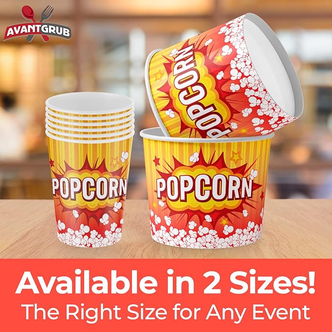 Greaseproof, Retro 85oz Popcorn Buckets 100 Pack. Durable Pop Corn Tubs in Red and Yellow. Large Disposable Leak-Free Containers Perfect For Movie Night, Theme Party, Theater, Carnivals & Fundraisers