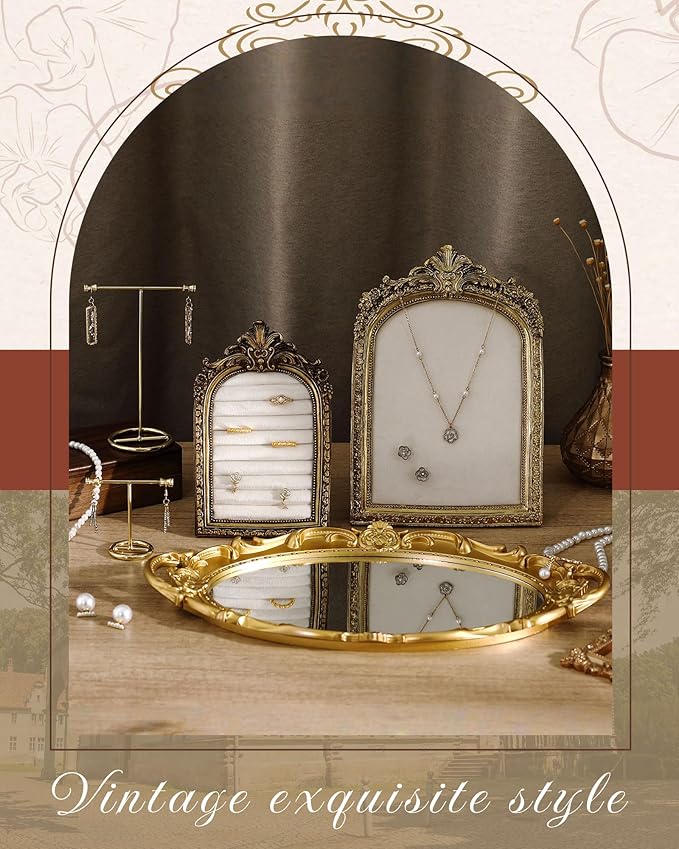 Gold Vintage Jewelry Display Set Velvet Jewelry Frame Ring Holder Earring Bracelet Stands Necklace Organizer Mirror Tray Photo Props for Women Gifts Selling Wedding Decor(5 Pcs,Ornate)
