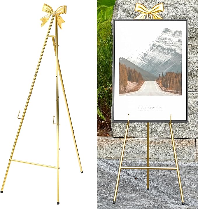 53”H Metal Gold Easel Stand for Sign, Large Adjustable Display Standing with Butterfly Bow Top for Wedding Displaying Pictures Poster Holder Showcasing