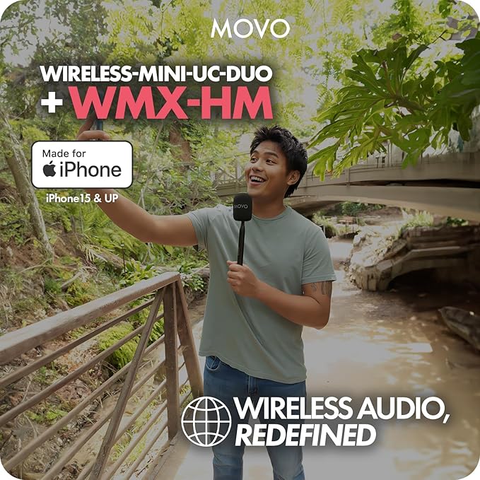 Movo Wireless Mini UC Duo Dual Ultra Compact Wireless Lavalier Microphones for iPhone 15/16/17 with Handheld Adapter - Lapel Mic with Handle Mount for Content Creators, Interviews, Reporting and More