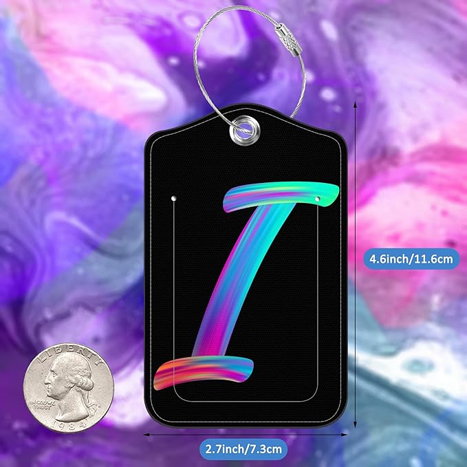 Luggage Tags for Suitcase,2 Pack Neon Colorful Letters Luggage Tags,Leather Baggage Tags Identifiers with Privacy Name Address Labels and Metal Loop for Women Men Girls Travel,Letter I