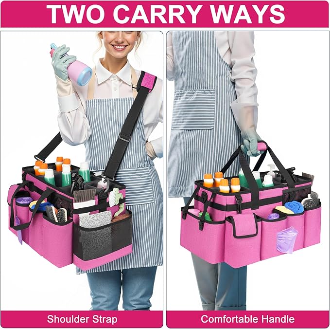 Cleaning Caddy Bag,Extra Large Cleaning Supplies Organizer with Handle for Housekeepers,Red