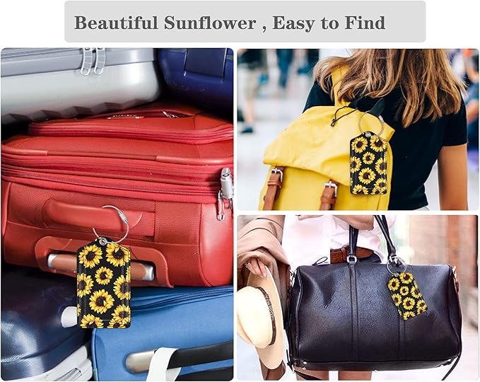 (Set of 2) Luggage Tag for Suitcases Leather Privacy Cover ID Label with Stainless Steel Loop, Travel Bag Tags Suitcase Labels, Sunflower