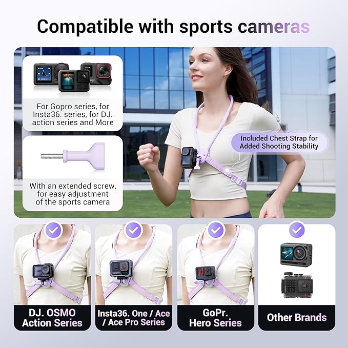 JJC Magnetic Neck Mount for Phone & Action Camera, POV Neck Holder for iPhone 17-12 Series Android Phones Gopro Insta360 with Quick Release & Angles Adjustment for Content Creating Women-Purple
