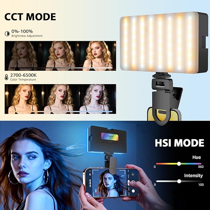NiceVeedi RGB Selfie Light, 138 LED Beads Phone Light, 360° Full Color Camera Light with Clip and Cold Shoe, CRI95+/180 Minutes Rechargeable Video Light for Video Recording/iPhone/TikTok/Makeup/Zoom