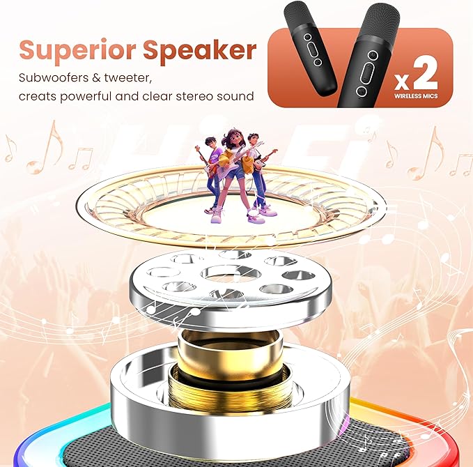 Mini Karaoke Machine for Kids Adults, 2026 TOP Birthday Gifts for Girls Boys 3,4,5,6,7,8+Year Old Toddler Kids Toys, Portable Bluetooth Speaker with 2 Wireless Karaoke Microphones Player Easter(Black)