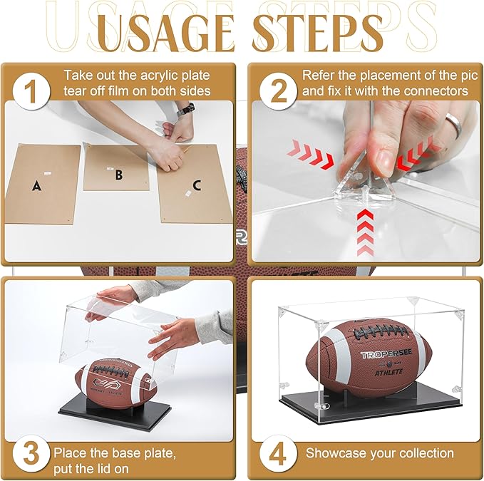 Football Display Case, Thickened UV Protection Clear Acrylic Lid Football Holder, Wood Football Base Stand Football Cases for Signed Football Full Size