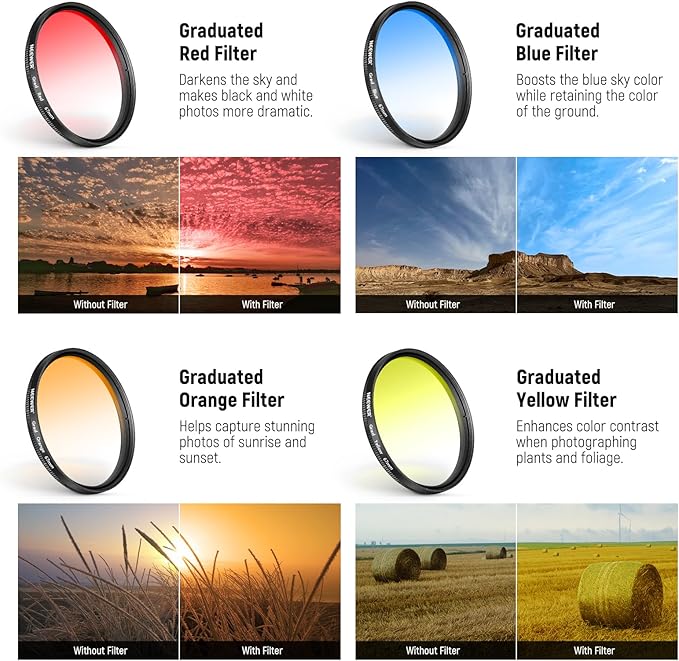 NEEWER 67mm 7 Pack ND Filter Set Compatible with Android Samsung Google Huawei Xiaomi Phone, Clip On CPL+ ND32 + Starlight + GND (Red/Orange/Yellow/Blue) Photography Accessories Kit with Case, FL-P14
