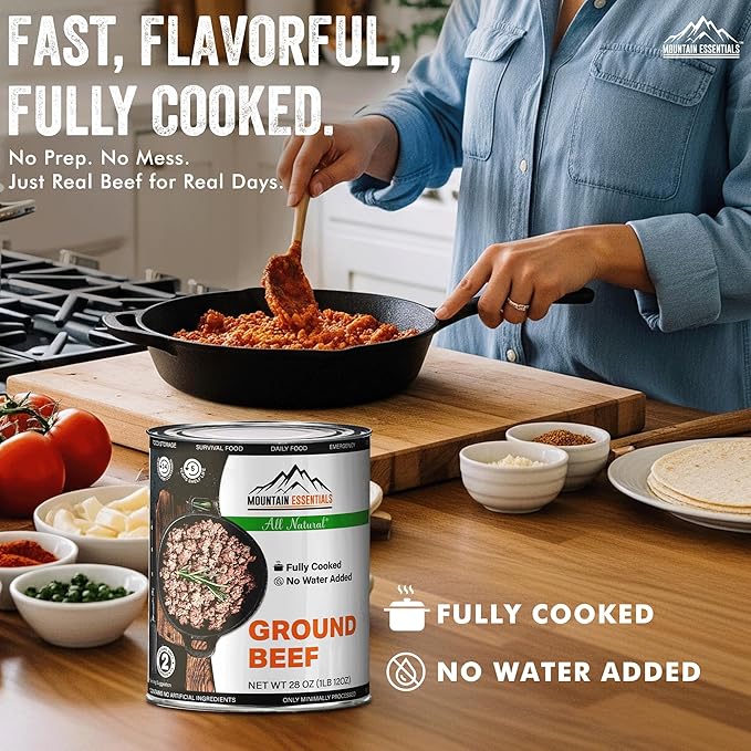 MOUNTAIN ESSENTIALS All Natural Canned Ground Beef 28 Oz – Fully Cooked, Ready to Eat Hamburger Meat – Pantry Staple for Everyday Meals, Emergency & Survival – 5-Year Shelf Life – Made in USA – 1 Pack