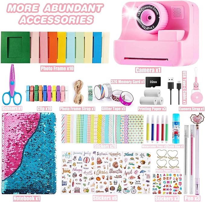 Kids Instant Print Camera, 1080P Selfie Video Camera with DIY Journal Kit – 200+ Accessories, Christmas & Birthday Gifts for Girls & Boys Ages 3-12 (Pink)