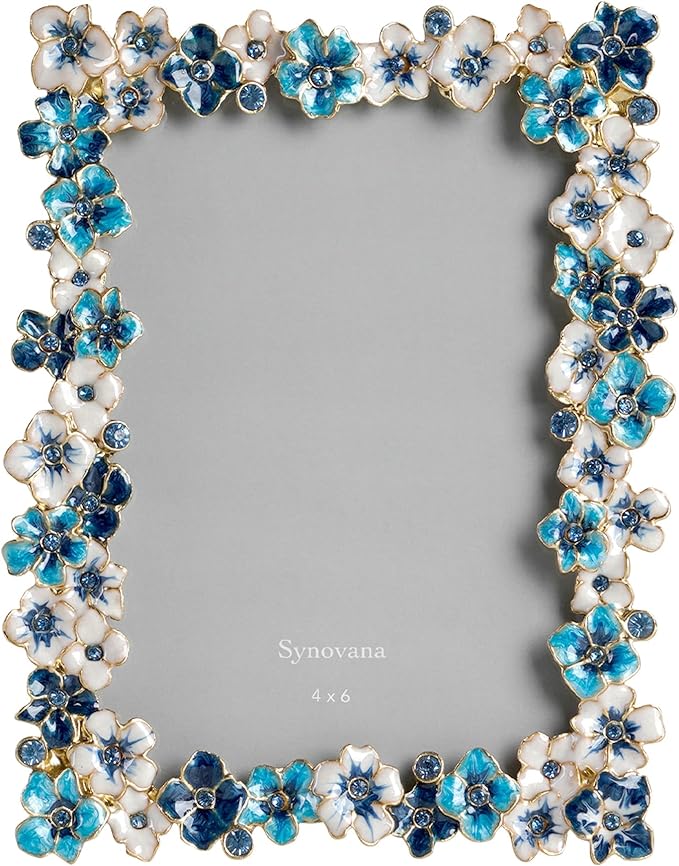 Blue Flower Picture Frame 4x6 Blossom Photo Frame for Tabletop Display, Decorative Flower Design Home Decor