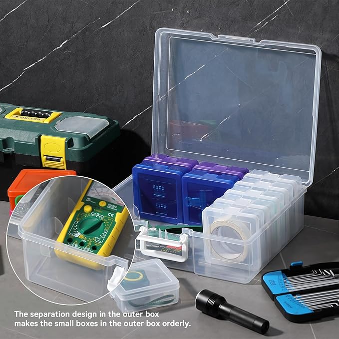 Novelinks Stackable Plastic Clear Storage Box Containers with Latching Lid - Art Craft Supply Organizer Storage Containers for Pencil Box,Crayon, Jewelry (12 Pack Colorful+6 Pack Clear-Small)