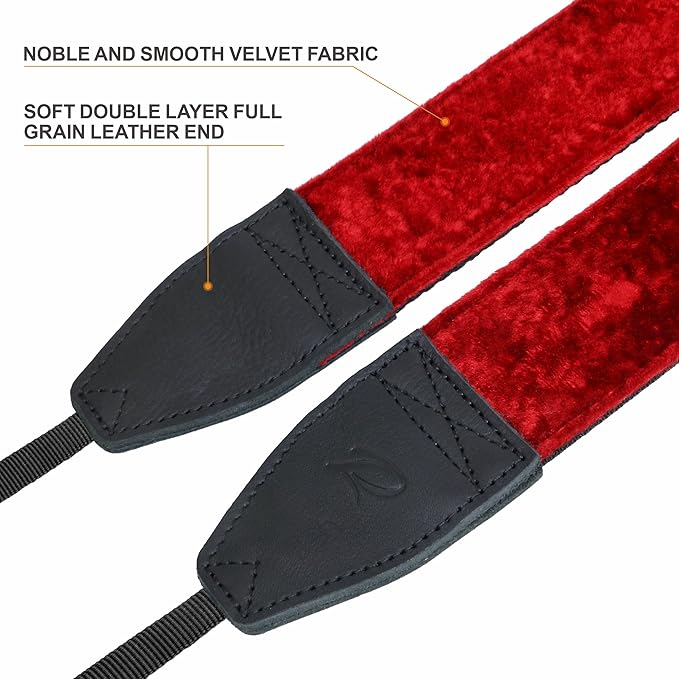 Padwa Lifestyle Velvet Camera Strap - 2" Double Layer Full Grain Cowhide Leather Head Camera Straps for Photographers,Unique Soft Velvet Fabric with Quick Release fits all Cameras - Ruby Red