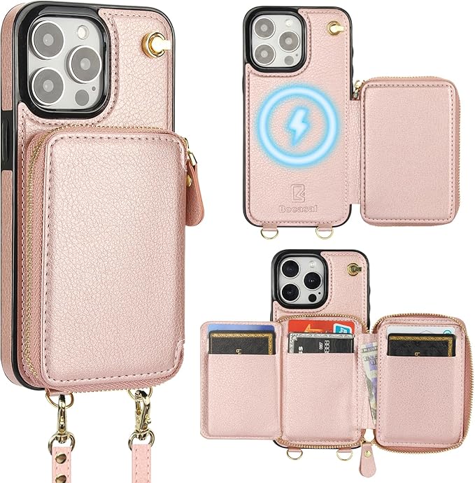Bocasal for MagSafe Crossbody Wallet Case Compatible with iPhone 15 Pro Max, RFID Blocking Protective Purse Case with Card Slots Holder Kickstand Wrist Strap Lanyard Zipper 6.7 Inch 5G (Rose Gold)