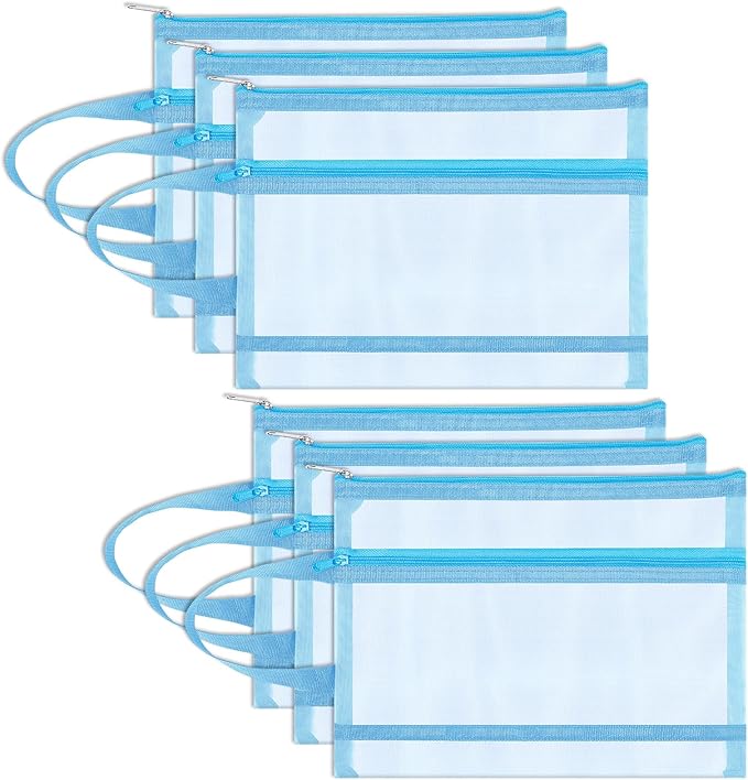 Fassave 6 Pack Mesh Zipper Pouch Bags, Double Layer Nylon Pouch with Handle for Office Travel Organization (Blue, A5)
