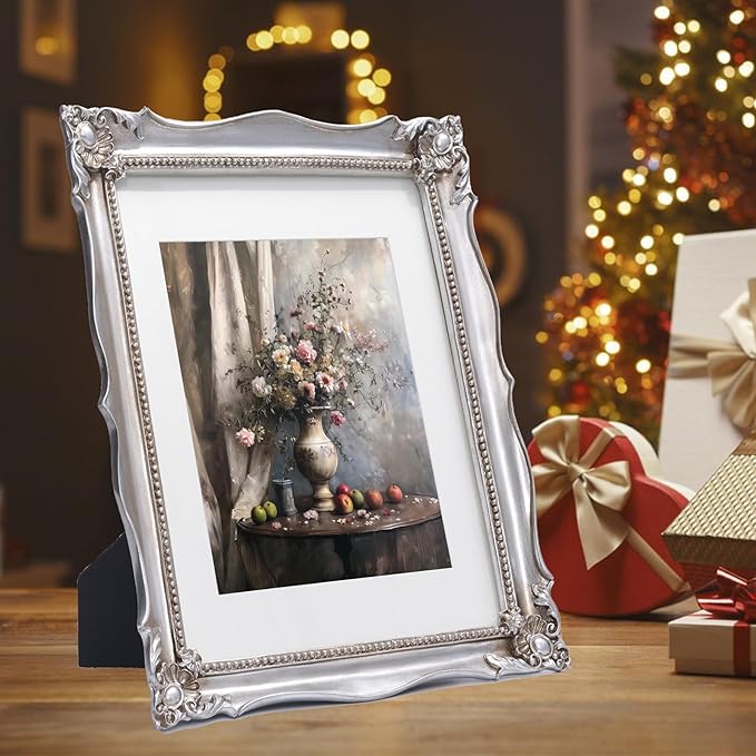 11x14 Vintage Picture Frame with Embossed Flower Design, Silver Ornate Frame for 11x14 or 8x10 Pictures with White Mat, Hand-Crafted Resin Antique Baroque Frames with Hook for Wall Mounting Display(Silver)