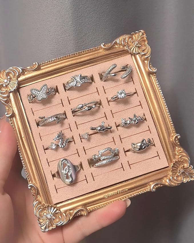 Jewelry Display Stand Vintage Ring Holder Box Earring Tray Retro Picture Frame Style Ring OrganizerJewelry Frame with Velvet