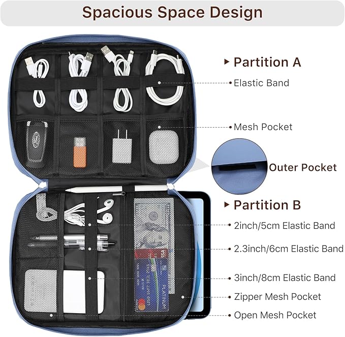 Dadanism Electronics Travel Organizer Case, Double Layers Cord Organizer Travel All-in-One Storage Bag for Cable, Cord, iPad, Chargers, fits 9-11'' Tablets, Portable Tech Accessories Bag, Blue