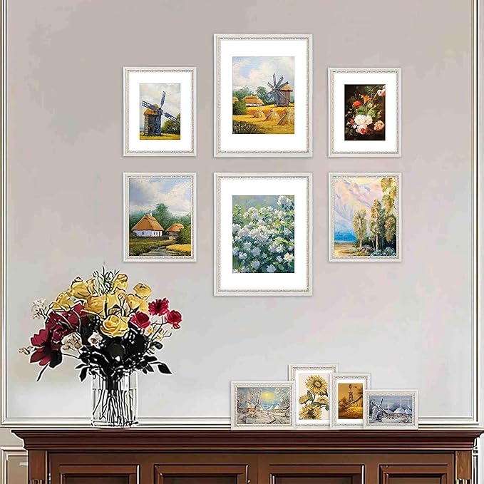 VIOLABBEY 11x14 White Gold Picture Frame, Display 8x10 Photo with Mat or 11x14 without Mat, Ornate Vintage 11 x 14 White Gold Frame for Wall Decor or Tabletop Display
