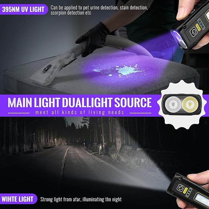 Flashlight UV Light 395nm, Blacklight EDC Flashlights Mini LED high Lumen USB -C Rechargeable Portable with Magnetic Base, COB White & Red Light, Output Emergency Power, for Pet Urine, Resin Curing