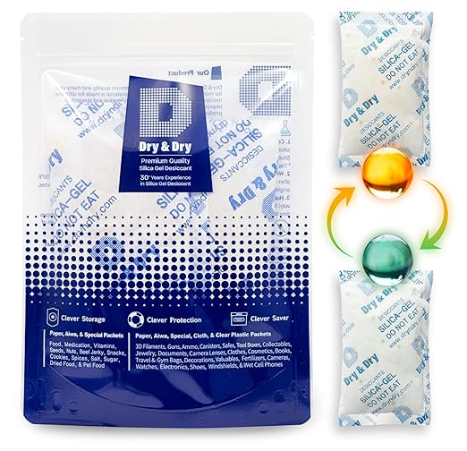 Dry & Dry Orange Indicating(Orange to Dark Green) Mixed Silica Gel Packets - Food Safe Rechargeable Silica Desiccants Gel Packs - 5 Packs (100 Gram)