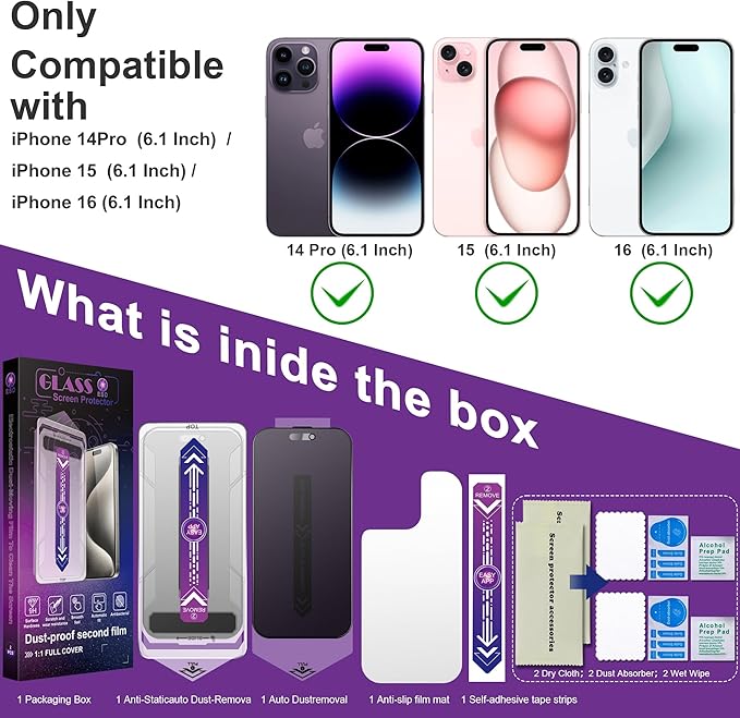 CHRYSHA 2 Pack Matte Privacy Screen Protector for iPhone 14 Pro/iPhone 15 / iPhone 16, 9H Tempered Glass, Full Coverage, Anti-Fingerprint, Auto Dust-Elimination, No Bubble, Easy Installation