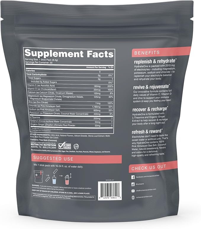 HydrateOne, Electrolyte Drink Mix On-The-Go | Watermelon, 30 Servings