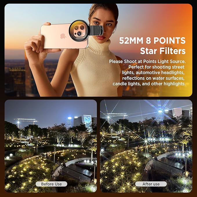 8 Points Star Filter,52mm Rotatable Star Lens for iPhone 16/15/14/13 Pro Max Moto Google Samsung TCL Phone, Cross-Screen Sparkle Effect Starburst Filter with Clip,Nightscape